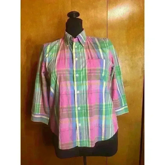 Ralph Lauren Girls Bright Pink Multicolour Plaid 3/4 Sleeve‎ Button Down Shirt M - Picture 2 of 13